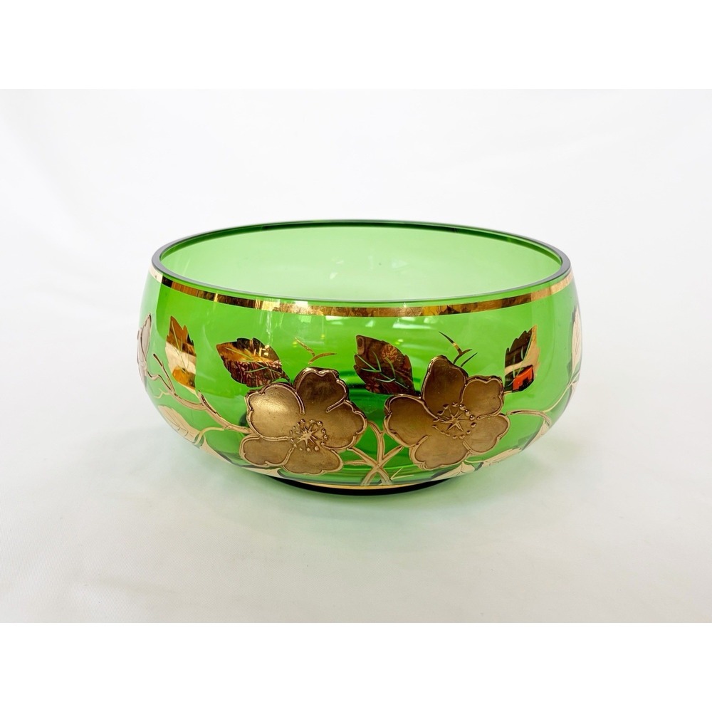 Vintage 1950s Czech Bohemia Green Crystal and Gold Bowl